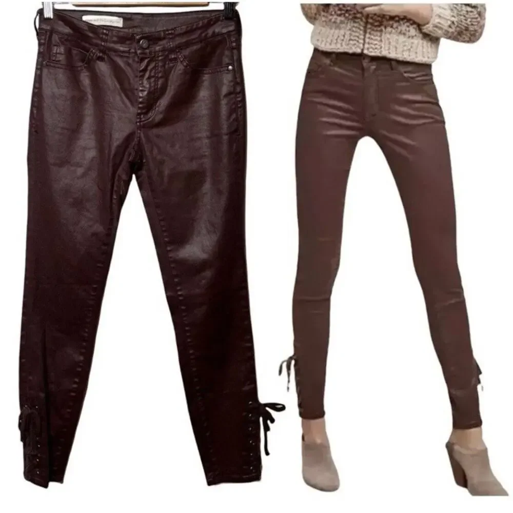 Pilcro and the‎ Letterpress Womens Pants 27 Red Wax Coated Burgundy Lace Up
